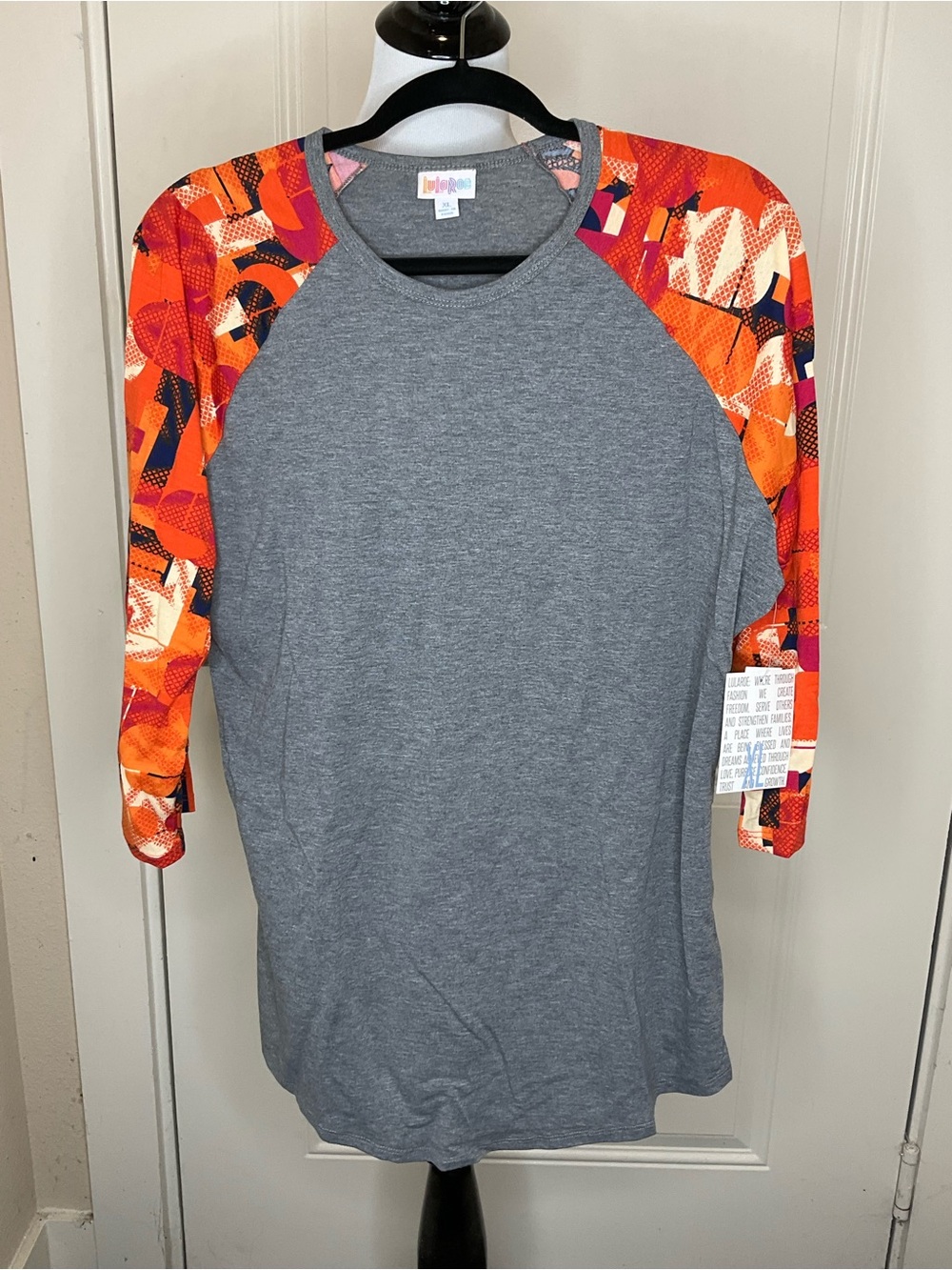 LuLaRoe Gray Baseball Tee with Orange & Pink Abstract Raglan Sleeves Randy XL